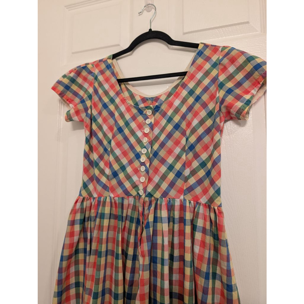 Vintage Handmade Rainbow Multi-Color Gingham Plaid Picnic Dress Cottagecore - Picture 3 of 8